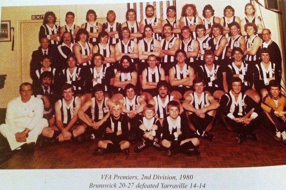1980 – Former Blues M. Scully, M. Toy & T. West in Brunswicks’ premiership team photo.
